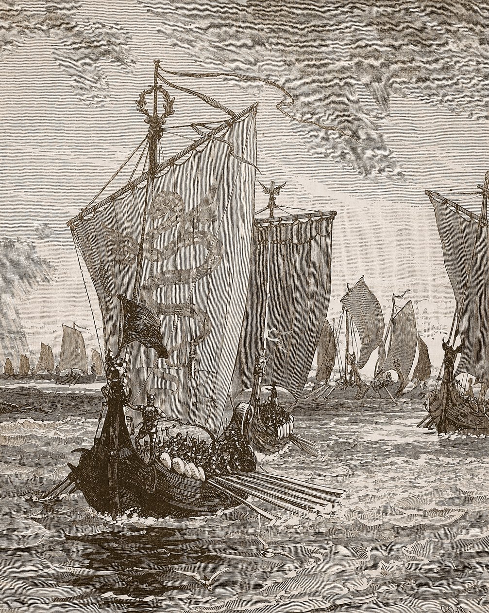 Anlaff kommer in i Humber, illustration från Cassells Illustrated History of England (sepiafoto) av English School