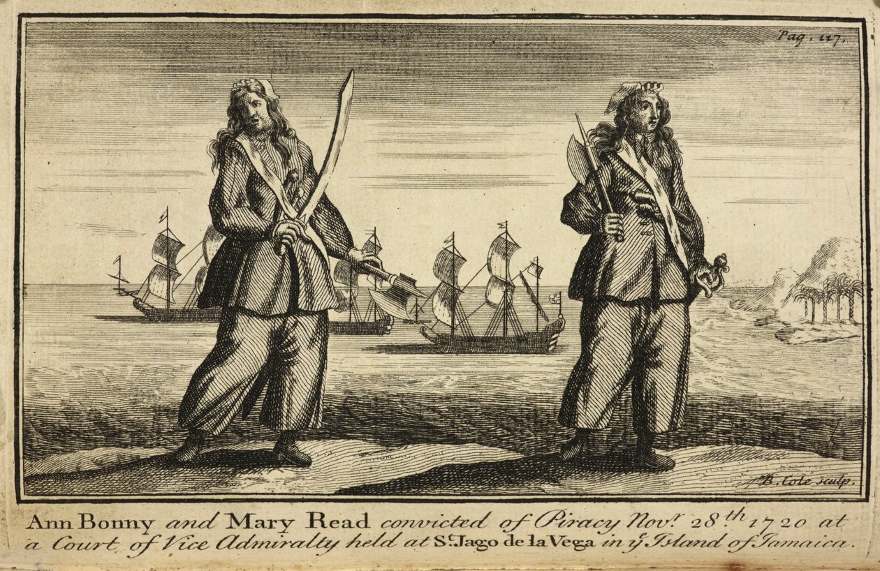"Ann Bonny och Mary Read dömda för piratkopiering 28 november 1720 vid en domstol för vice amiralitet som hölls vid St. Jago de la Vega på ön Jamaica" av English School