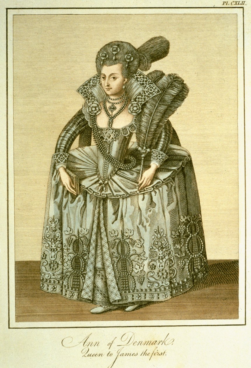 Anne av Danmark (1574-1619) hustru till James I, illustration från The Complete View of the Dress and Habits of the People of England Volym II, publicerad 1799 av English School