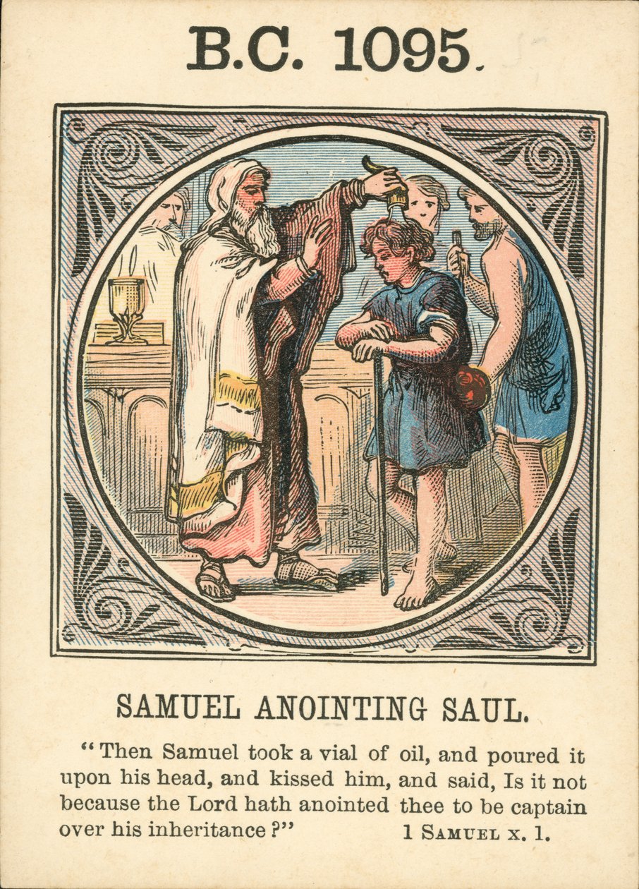 Anno Mundi: BC 1095, Samuel smörjer Saul (färglitografi) av English School