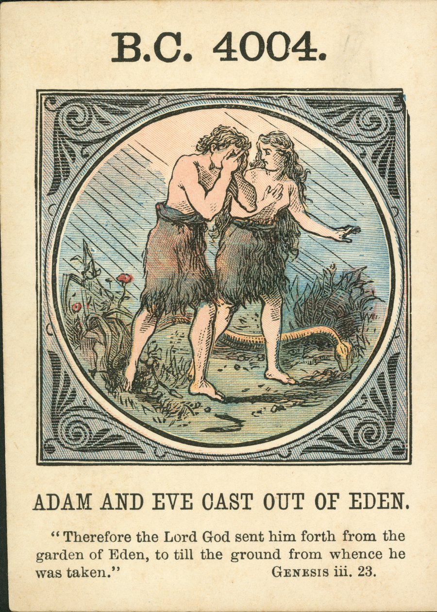 Anno Mundi: BC 4004, Adam och Eva kastas ut ur Eden (färglitografi) av English School