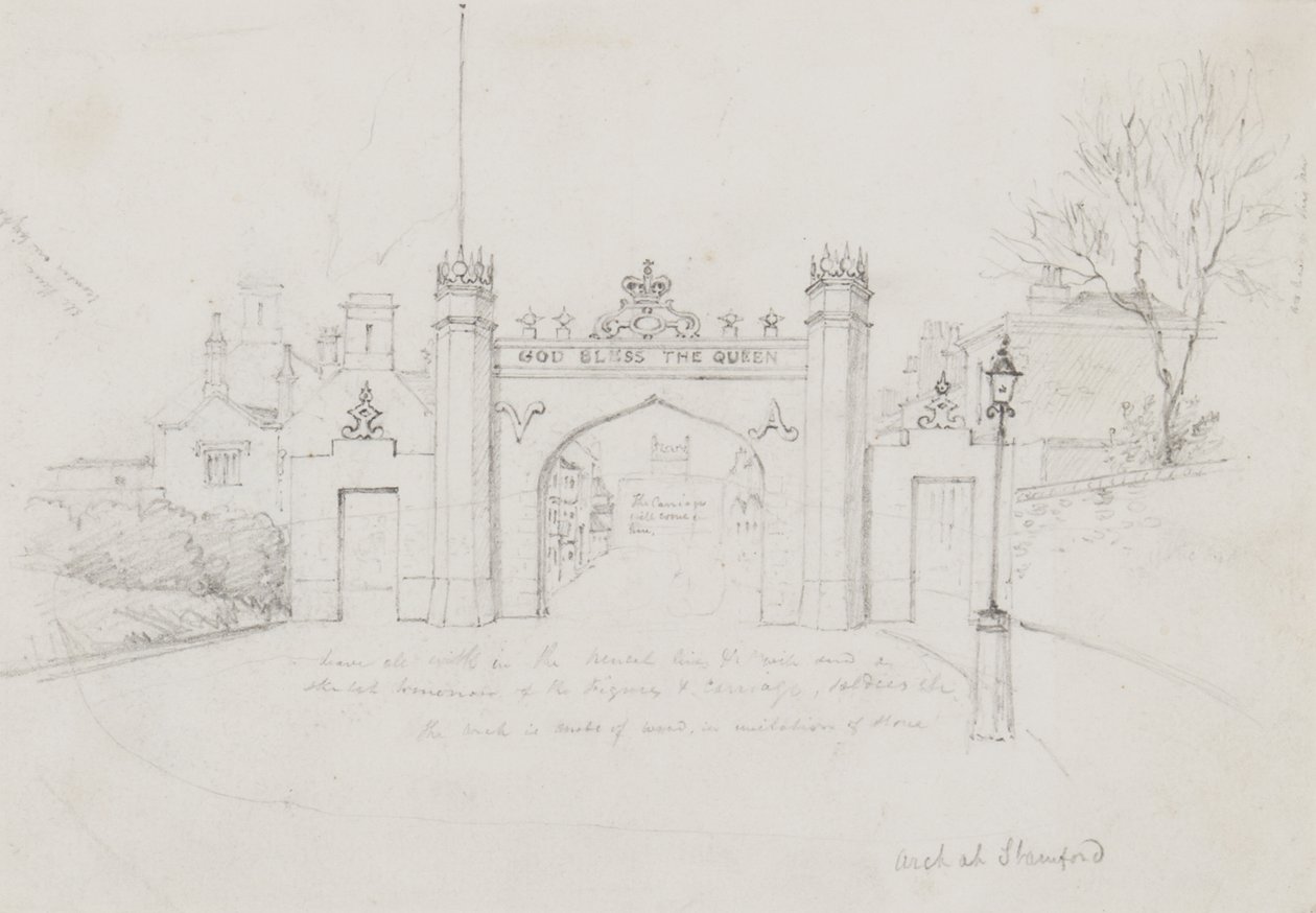 Arch i Stamford, uppförd för att välkomna drottning Victoria och prins Albert på väg till Burghley House (penna på papper) av English School