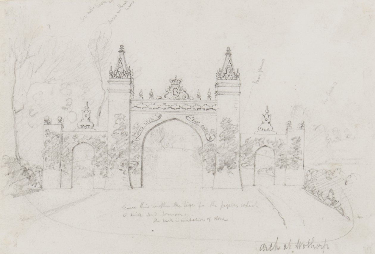 Arch i Wothorp, Cambridgeshire, uppförd för att välkomna drottning Victoria och prins Albert på väg till Burghley House av English School