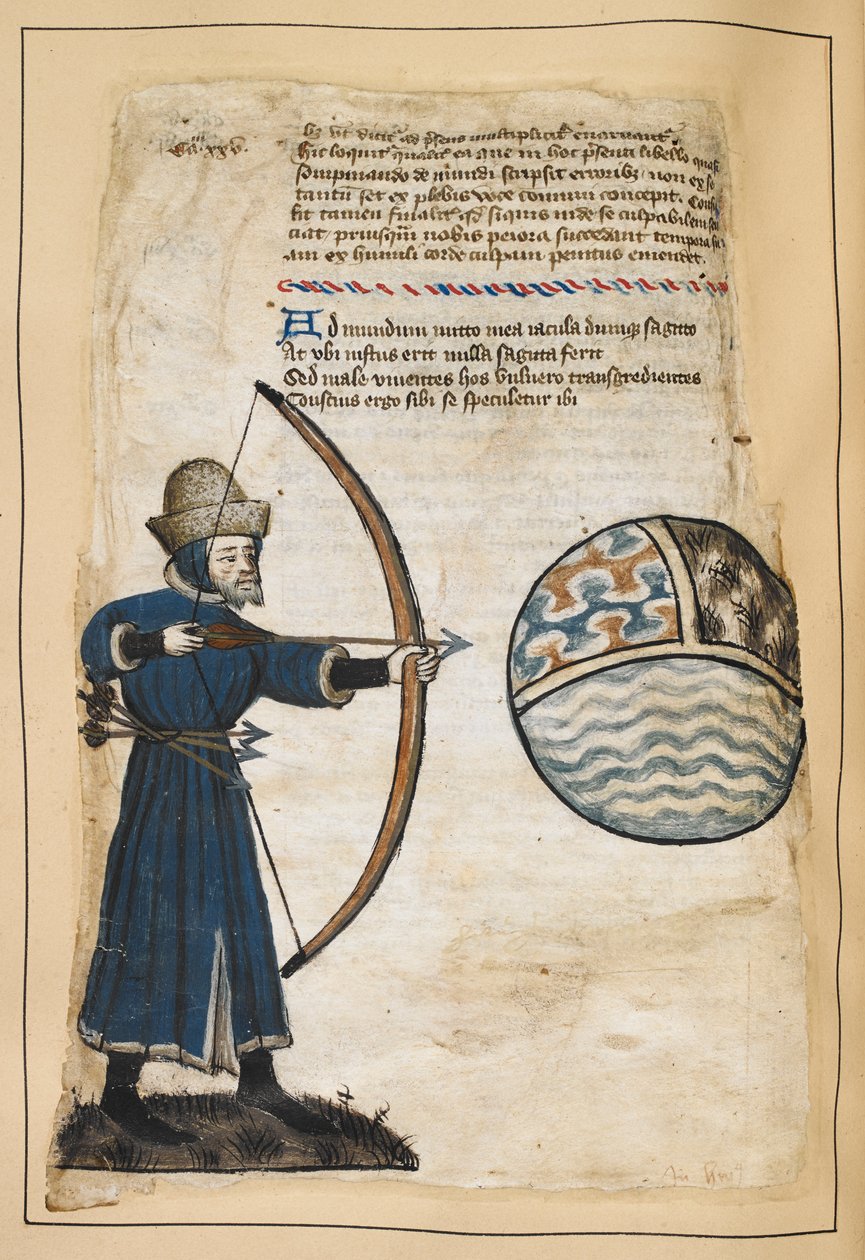 Archer (John Gower?) skjuter pilar mot världen för att träffa de onda, illustration från 