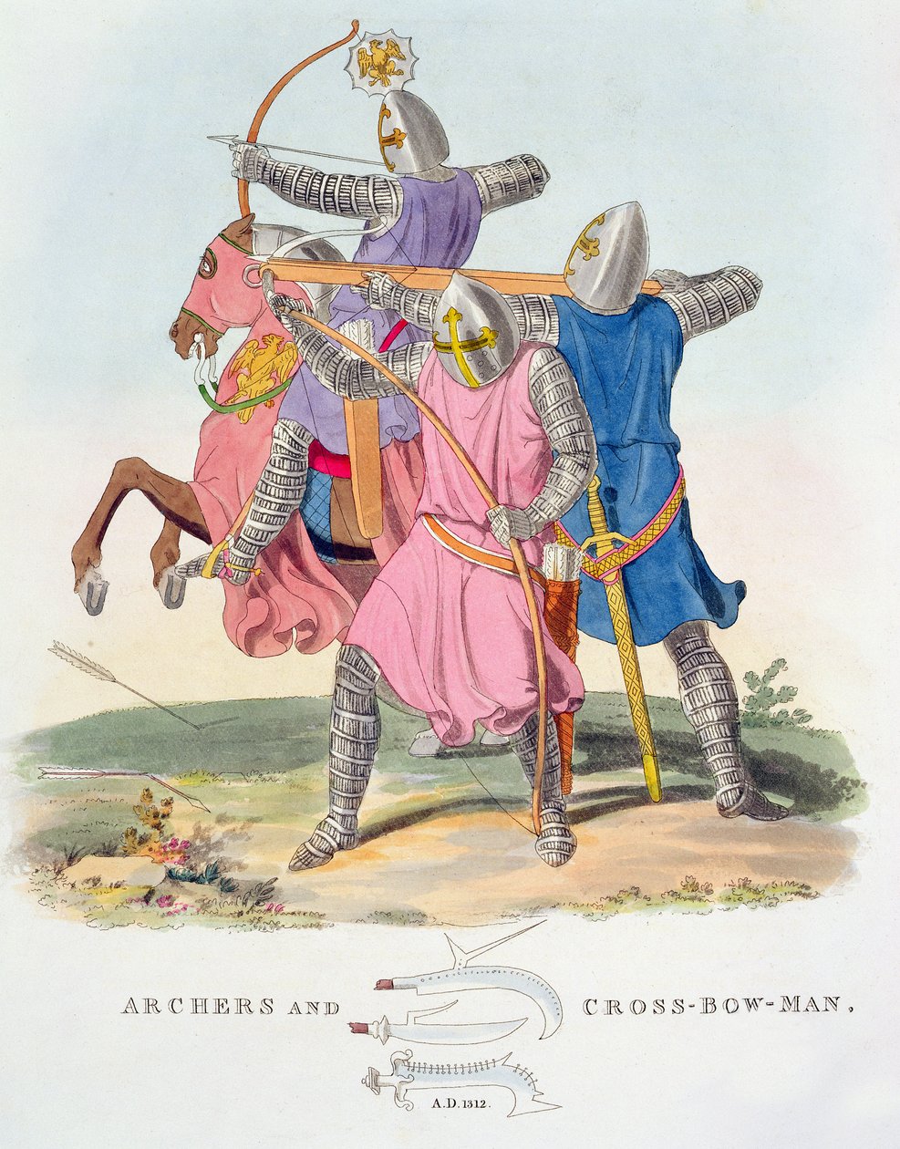 Archers and a Cross-bowman, 1312, från Ancient Armor av Samuel Rush Meryrick, 1824 av English School