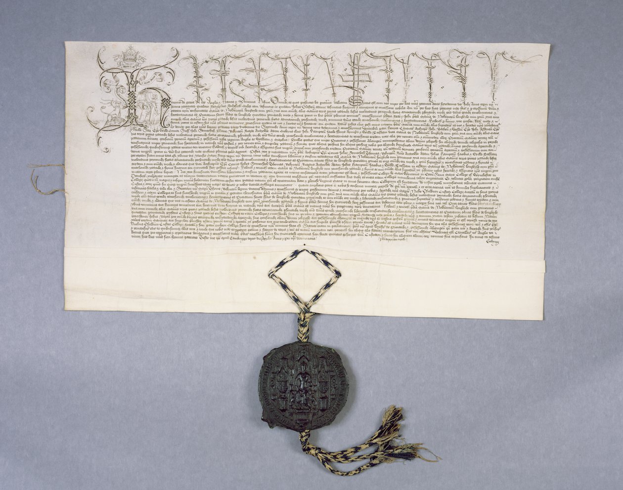 Arkiv 11980: Charterinspelning beviljat av kung Henry VI till New College Oxford av ägorna i Newton Longville, 1441 (bläck på pergament) av English School