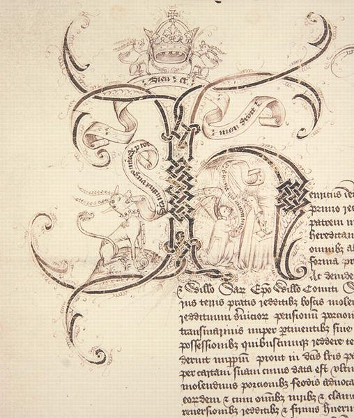 Arkiv 11980: Dekorerad initial H från kunglig charterinspelning beviljat av kung Henry VI till New College Oxford av ägorna i Newton Longville av English School