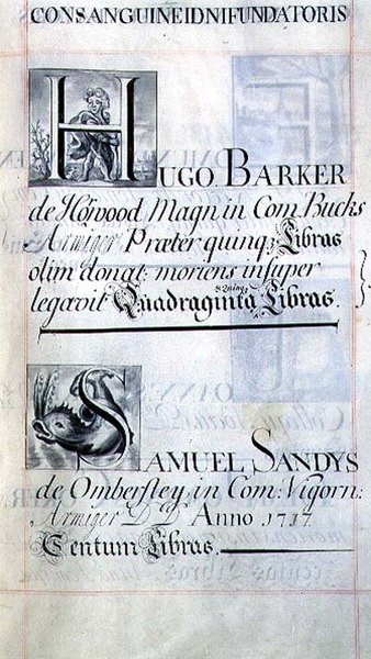 Arkiv 3693 f.48 Sidan med en förteckning över två välgörare till New College, Oxford: Hugo Barker och Samuel Sandys, från en välgörenhetsbok. av English School