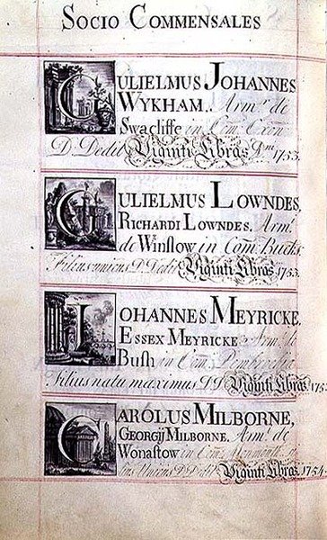 Arkiv 3693 f.94v Sidan med en förteckning över fyra välgörare till New College, Oxford: Gulielmus Johannes Wykham, Gulielmus Lowndes, Johannes Meyricke och Carolus Milborne. av English School