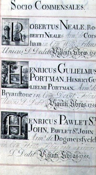 Arkiv 3693 f.95 Sida som listar tre välgörare från New College, Oxford; Robertus Neale, Henricus Gulislmus Portman och Henricus Pawlet St. John av English School