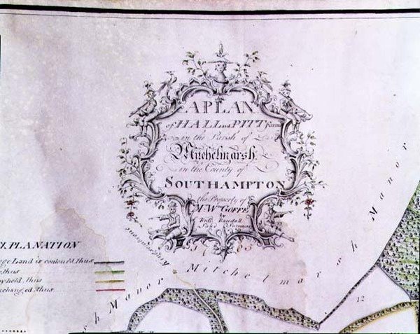 Arkiv 5629 Beskrivande kartusch från en karta med texten "A Plan of Hall and Pitt farms in the Parish of Mitchelmarsh in County of Southampton, Mr. W. Goffes egendom, av Richard Randall, Land Surveyor" av English School