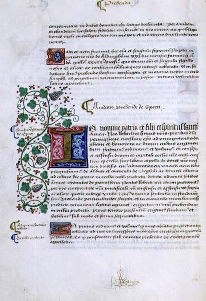 Arkiv 9432 f.15v Textblad med illuminerade initialer, från Robert Sherbornes eller Shirburns (ca 1450-1536) biskop av Chichester (pergament) av English School