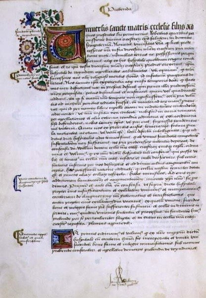 Arkiv 9432 f.17v Sida med text med upplyst initial, från Foundations Book of Robert Sherborne eller Shirburn (c.1450-1536) Bishop of Chichester (vellum) av English School