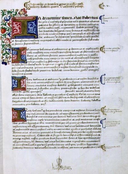 Arkiv 9432 f.5 Textsida med belyst initial "I", från Foundations Book of Robert of Sherborne eller Shirburn (c.1450-1536) Bishop of Chichester (vellum) av English School