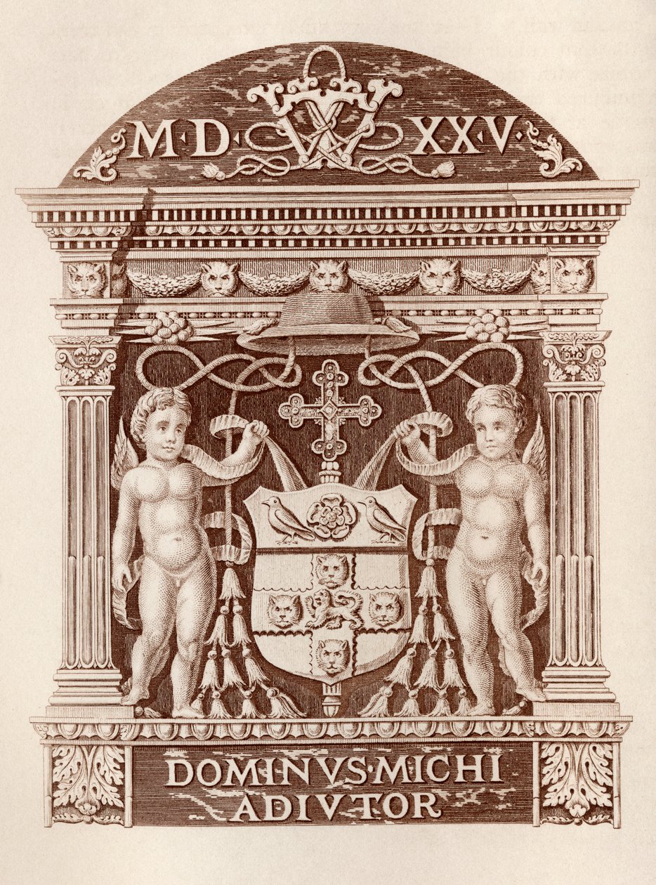 Arms of Cardinal Wolsey i terrakotta vid Hampton Court Palace, från History of Hampton Court Palace i Tudor Times av Ernest Law, publicerad London 1885 av English School