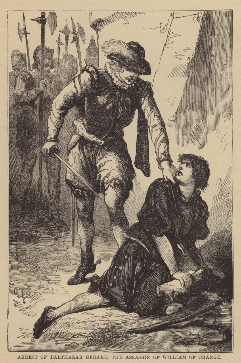 Arrestering av Balthazar Gerard, mördaren av Vilhelm av Oranien (gravyr) av English School