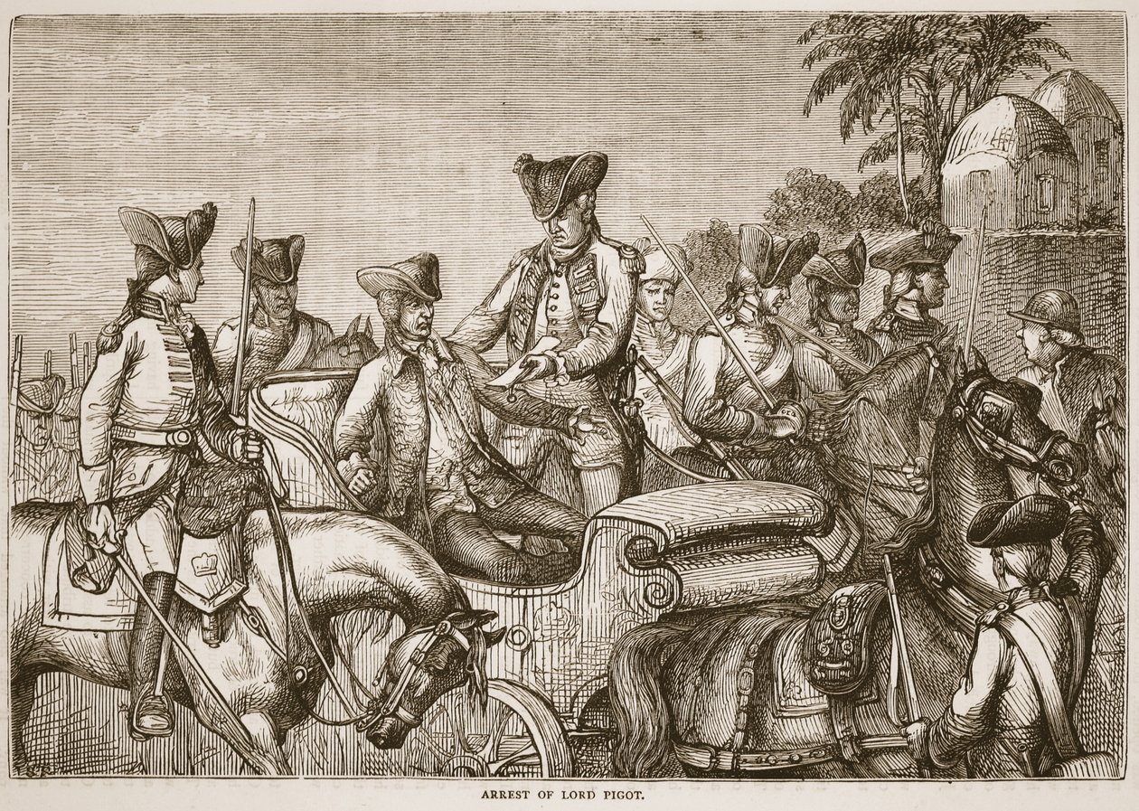 Arrestering av Lord Pigot, illustration från Cassells Illustrated History of India av James Grant, pub. 1879 av English School