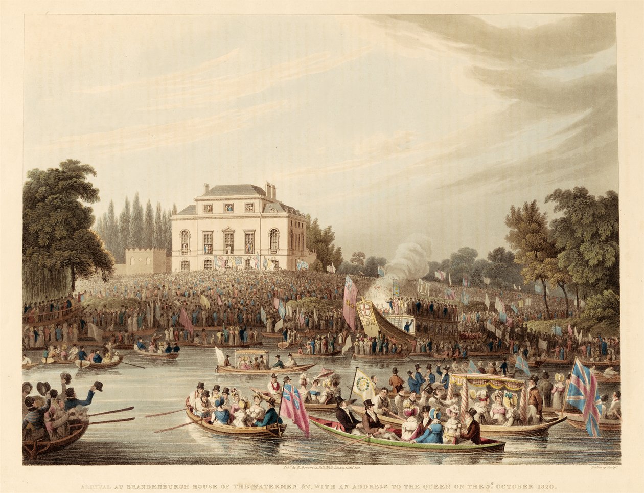 Ankomst till Brandenburgska vattenmännens hus etc. med adress till drottningen den 3 oktober 1820, pub. 1821 (färgad gravyr) av English School