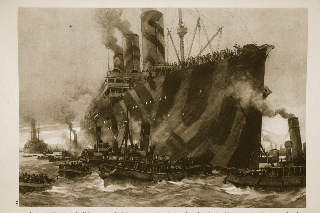 Ankomst till Frankrike av den amerikanska transporten Leviathan, en gång tysk linjefartyg, Vaterland, med 12 000 amerikanska trupper ombord, 1914-19 av English School