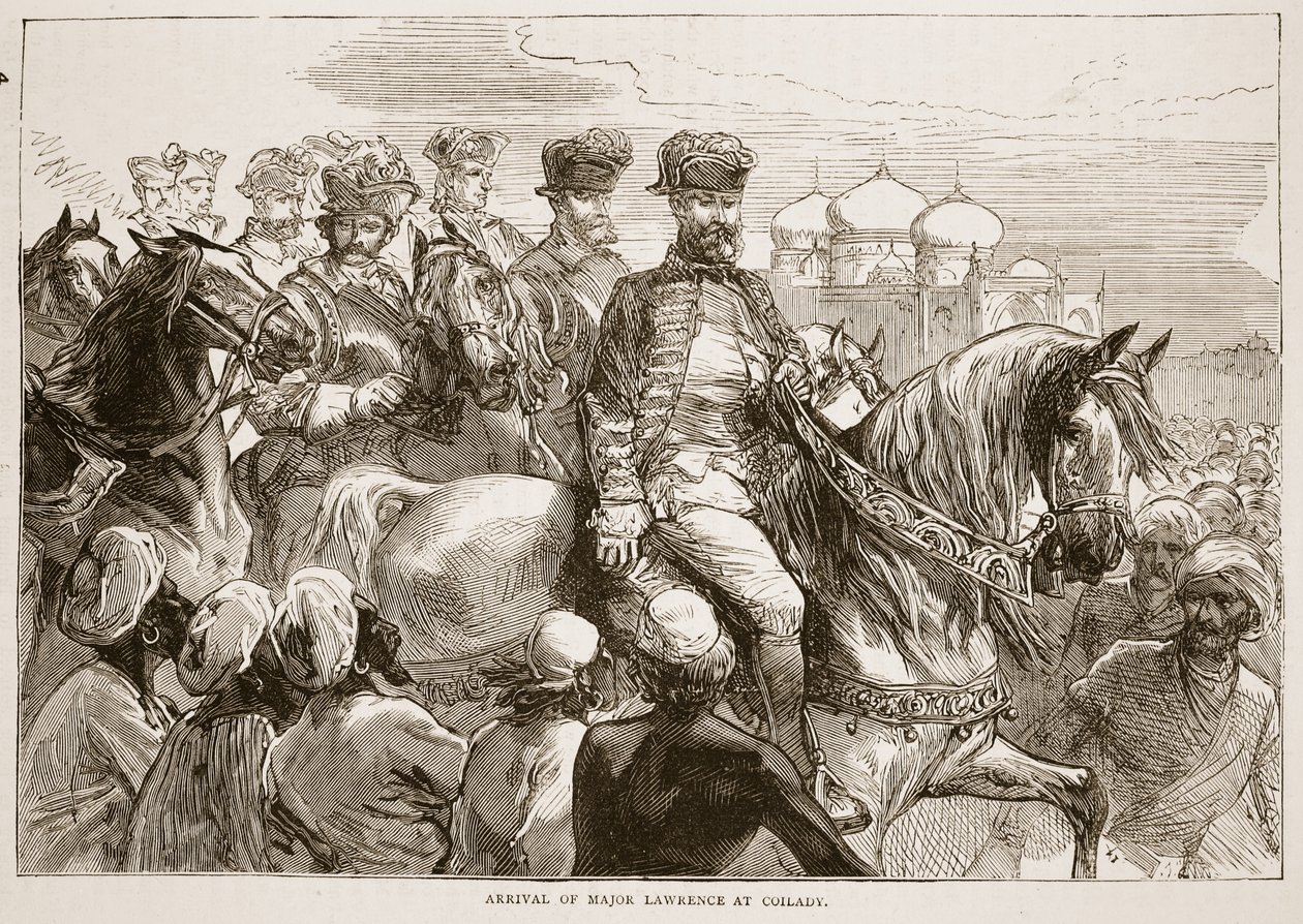 Major Lawrences ankomst till Coilady, illustration från Cassells Illustrated History of India av James Grant, pub. 1879 av English School