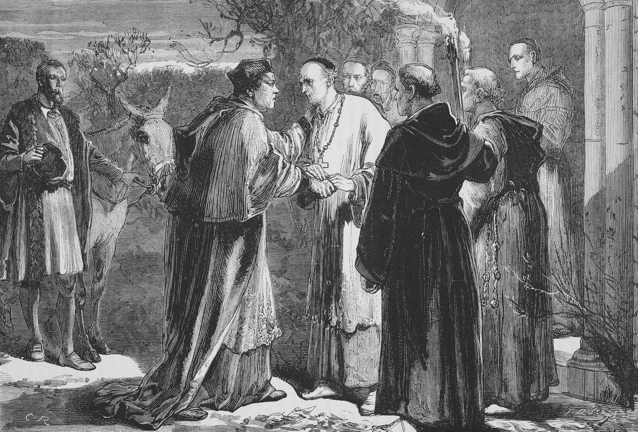 Wolseys ankomst till klostret i Leicester, illustration från The History of Protestantism av James Aitken Wylie (1808-1890), pub. 1878 av English School