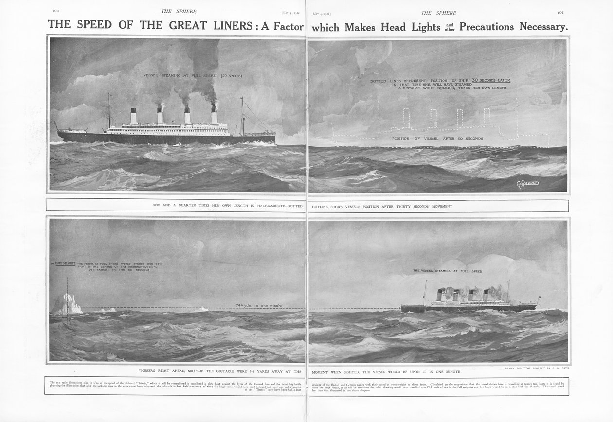 Artikel om The Speed of the Great Liners: En faktor som gör strålkastare och andra försiktighetsåtgärder nödvändiga, från The Sphere, 4 maj 1912 av English School