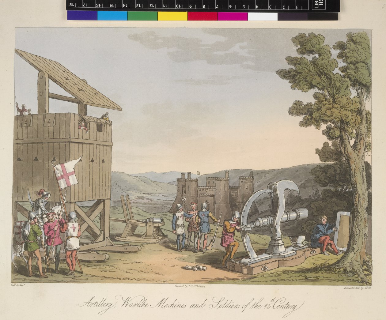 Artilleri, belägringsmaskiner och soldater från 1400-talet, illustration från 