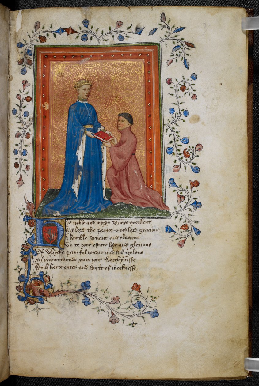 Arundel 38 f.37 Thomas Hoccleve presenterar sin bok `Regement of Princes