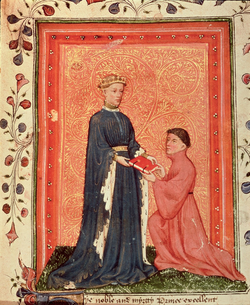 Arundel 38 f.37 Thomas Hoccleve presenterar sin bok `Regement of Princes