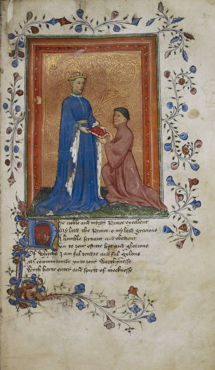 Arundel 38, f.37 Thomas Hoccleve presenterar en bok till prins Henrik av Lancaster, illustration från 