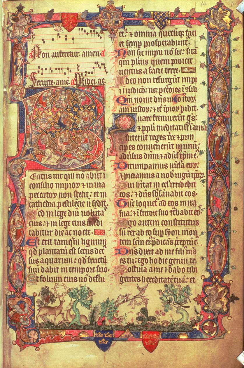 Arundel 83 f.14 Hjortar och fåglar, från Arundel Psalter, c.1310 (vellum) av English School