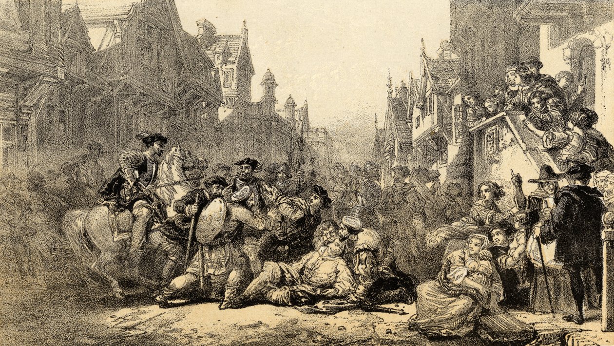 Mordet på regenten James Stewart Moray (ca 1531-70) regent av Skottland, i Old Linlithgow, West Lothian av English School