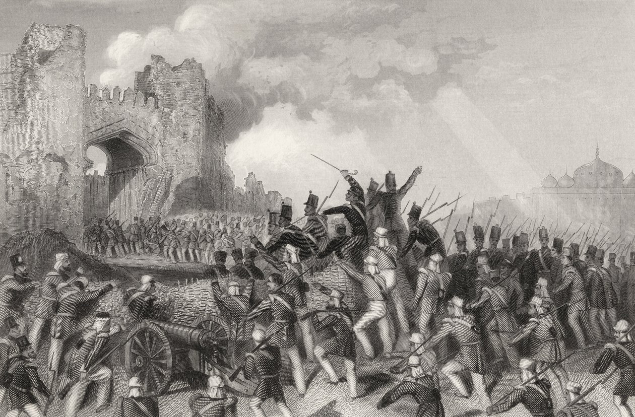 Assault of Delhi och Capture of the Cashmere Gate den 14 september 1857, från "The History of the Indian Mytery" publicerad 1858 av English School