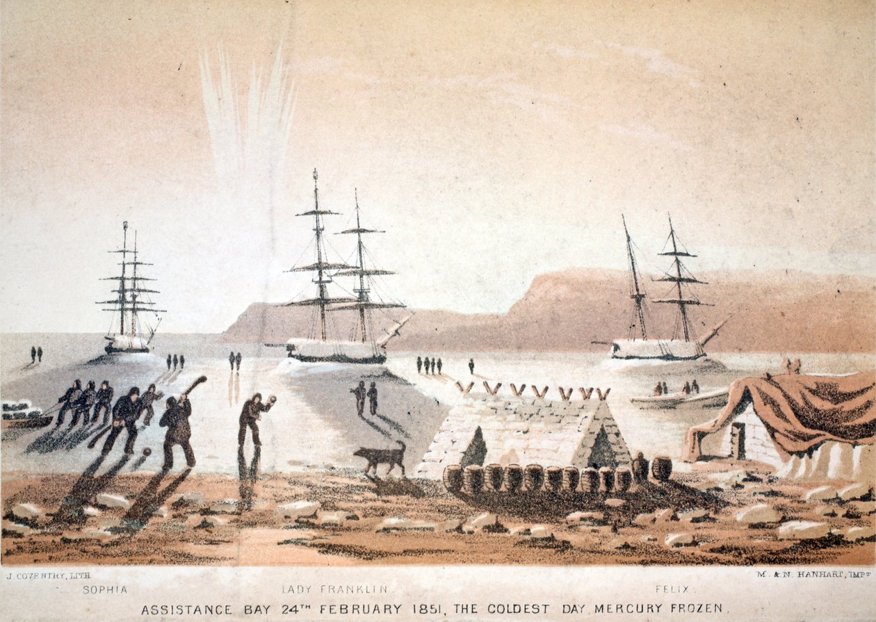 Assistance Bay, 24 februari 1851, den kallaste dagen. Mercury Frozen, illustration från Voyage to Baffins Bay and Barrow Straits..., 1852 (handfärgad gravyr) av English School