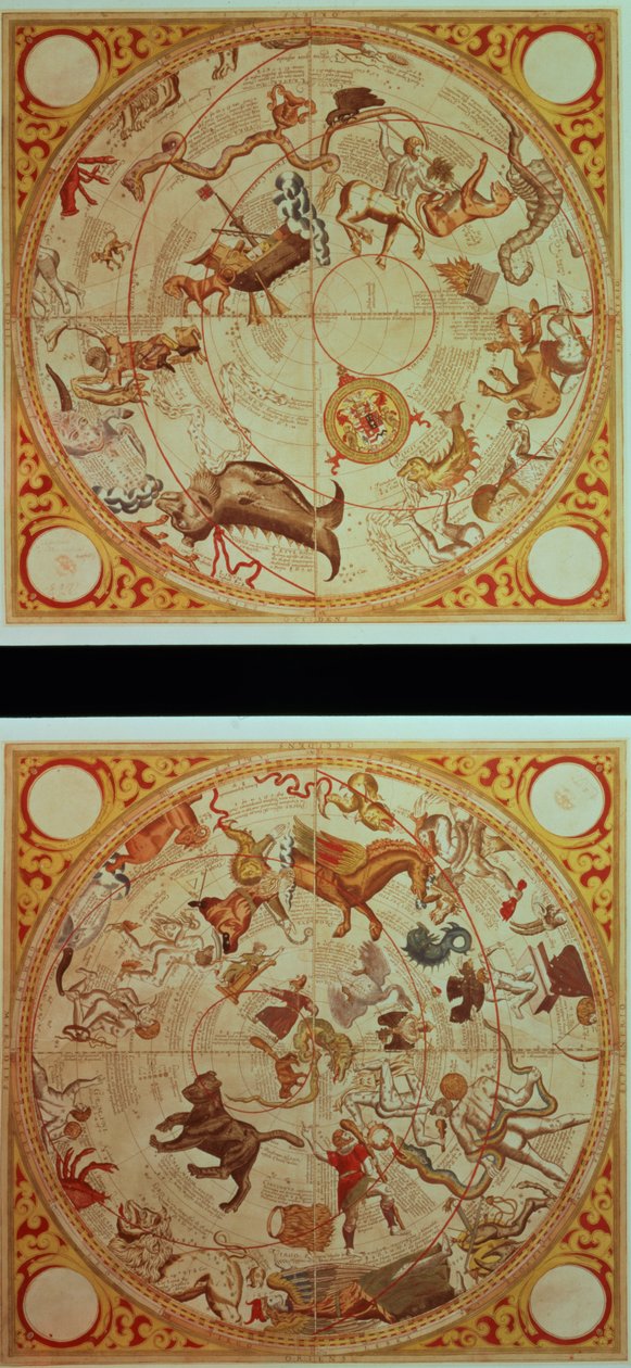 Astrologisk kalender, zodiakens tecken, ca 1660 (handfärgad gravyr) av English School