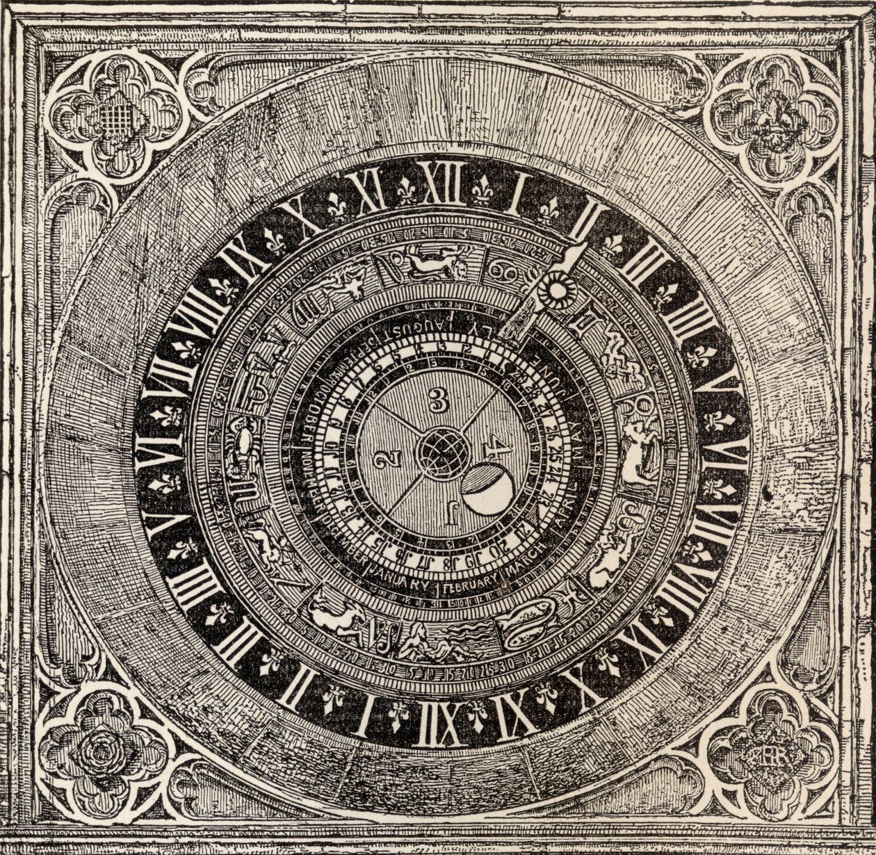 Astronomisk klocka i Hampton Court Palace, från History of Hampton Court Palace i Tudor Times av Ernest Law, publicerad London 1885 av English School