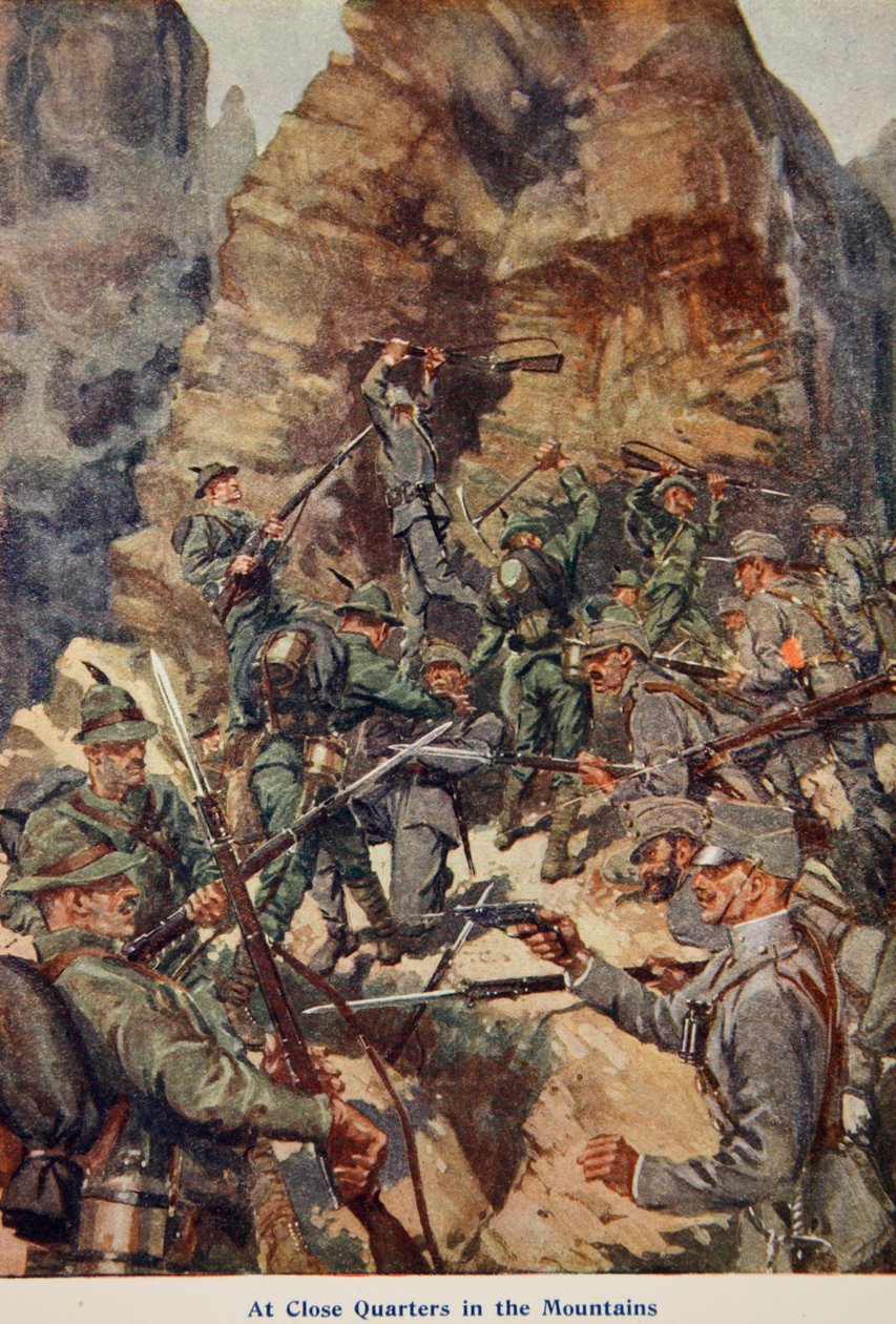 At Close Quarters in the Mountains, illustration från Told in the Huts: The YMCA Gift Book, publicerad 1916 av English School