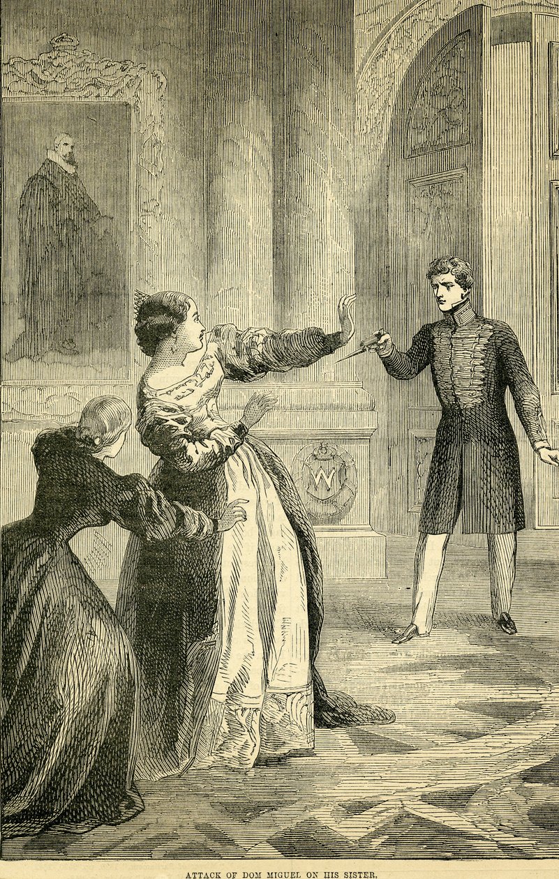 Attack av Don Miguel på hans syster, hämtad från Cassells Illustrated History of England, 18571858 av English School