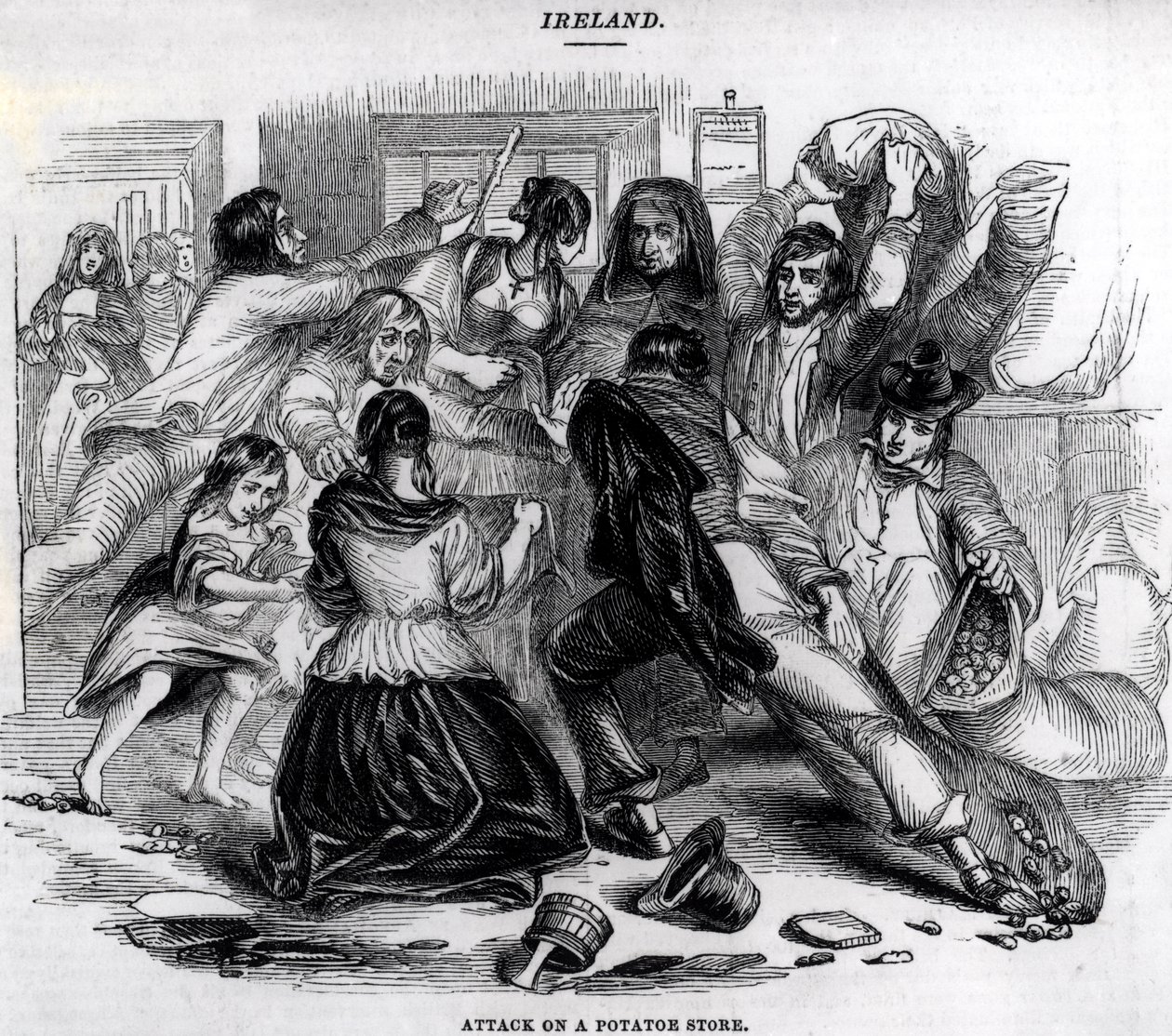 Attack mot en potatisaffär i Irland, ca 1845 av English School