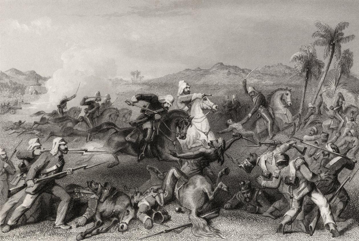 Attack på Sealcote-myteristerna av general Nicholsons irreguljära kavalleri 1857, från "The History of the Indian Mytery" publicerad 1858 av English School