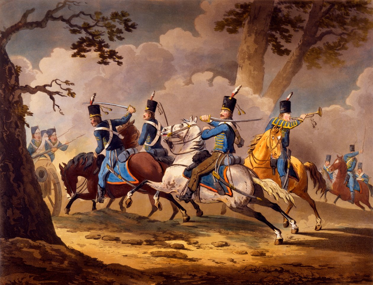 Österrikiskt infanteri som försvarar sitt artilleri från preussiska husarer, från serie kavalleriaktioner från de allierade under Napoleonkampanjerna publicerade 1799-1802 (handfärgad litho) av English School