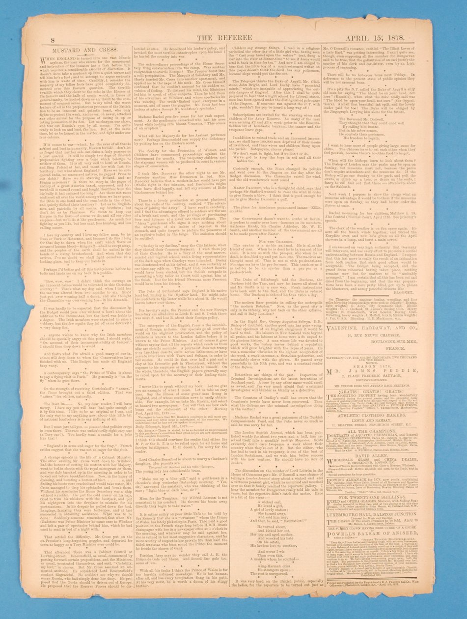 Baksidan av The Referee, nr.35. 15 april 1878 av English School