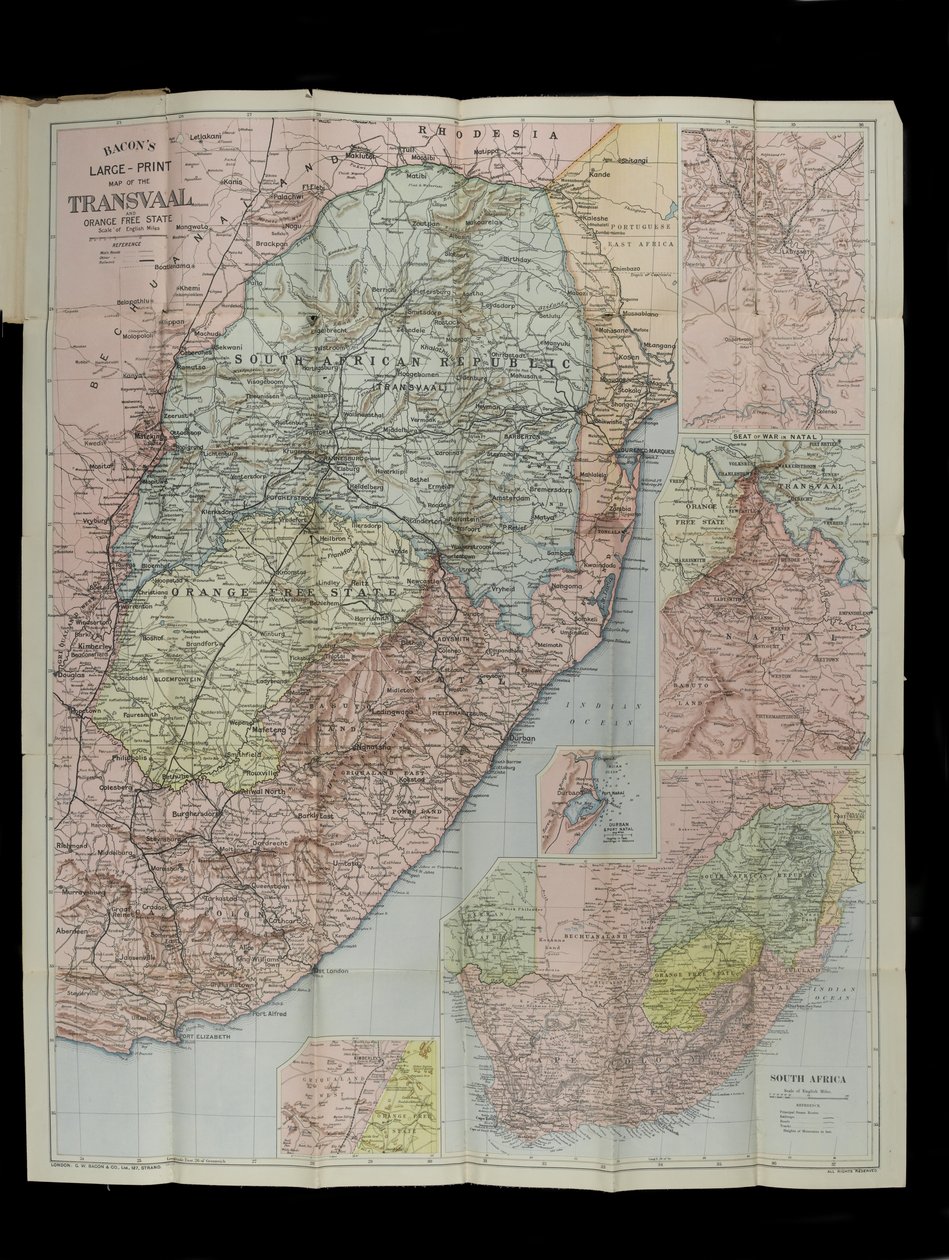 Bacons storskaliga karta över Transvaals Orange Free State och Natal med förlängning söderut till Port Elizabeth, Sydafrika av English School