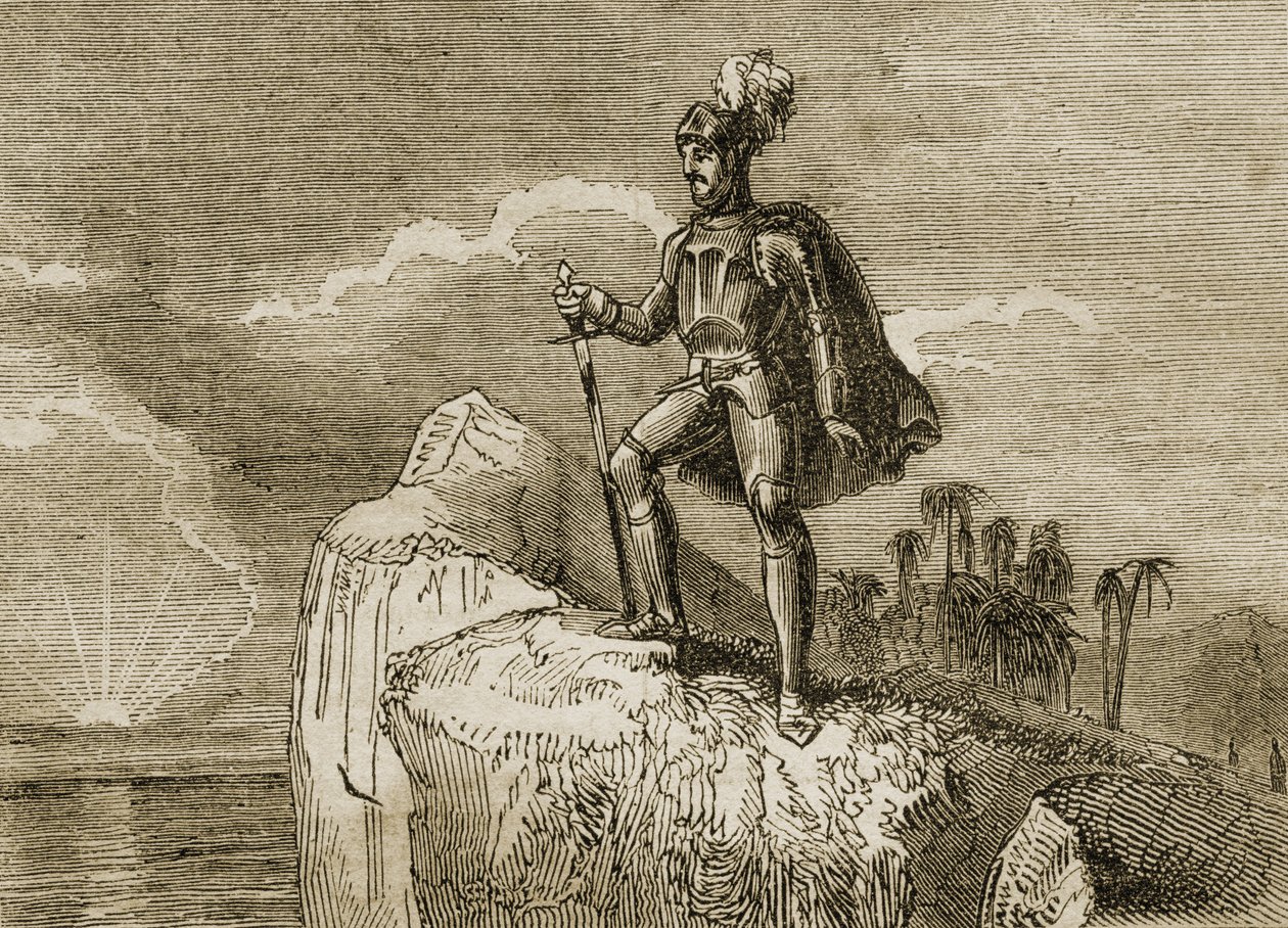 Balboas första syn på Stilla havet 1513, illustration från "Tales of Travellers or A View of the World", publicerad 1838 (litho) av English School