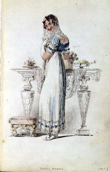 Bollklänning, modetallrik från Ackermanns Repository of Arts (färgad gravyr) av English School