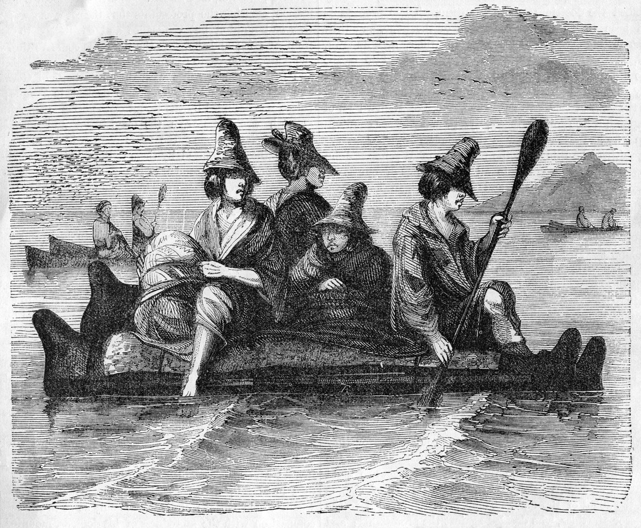 Balsas, eller Boat of Skin, använd av de infödda på den amerikanska kusten, illustration från 