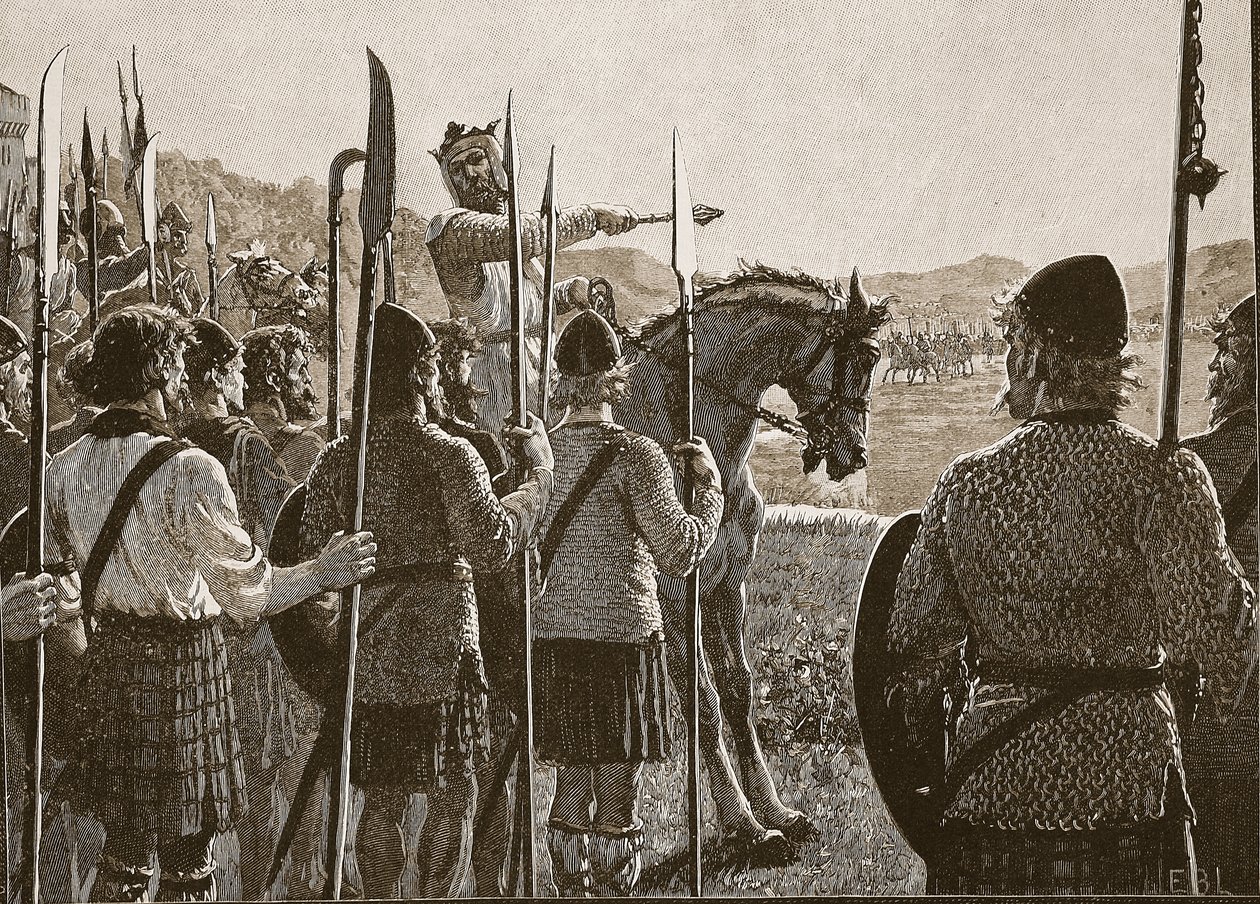 Bannockburn: Bruce granskar sina trupper före strid, illustration från Cassells Illustrated History of England (sepiafoto) av English School