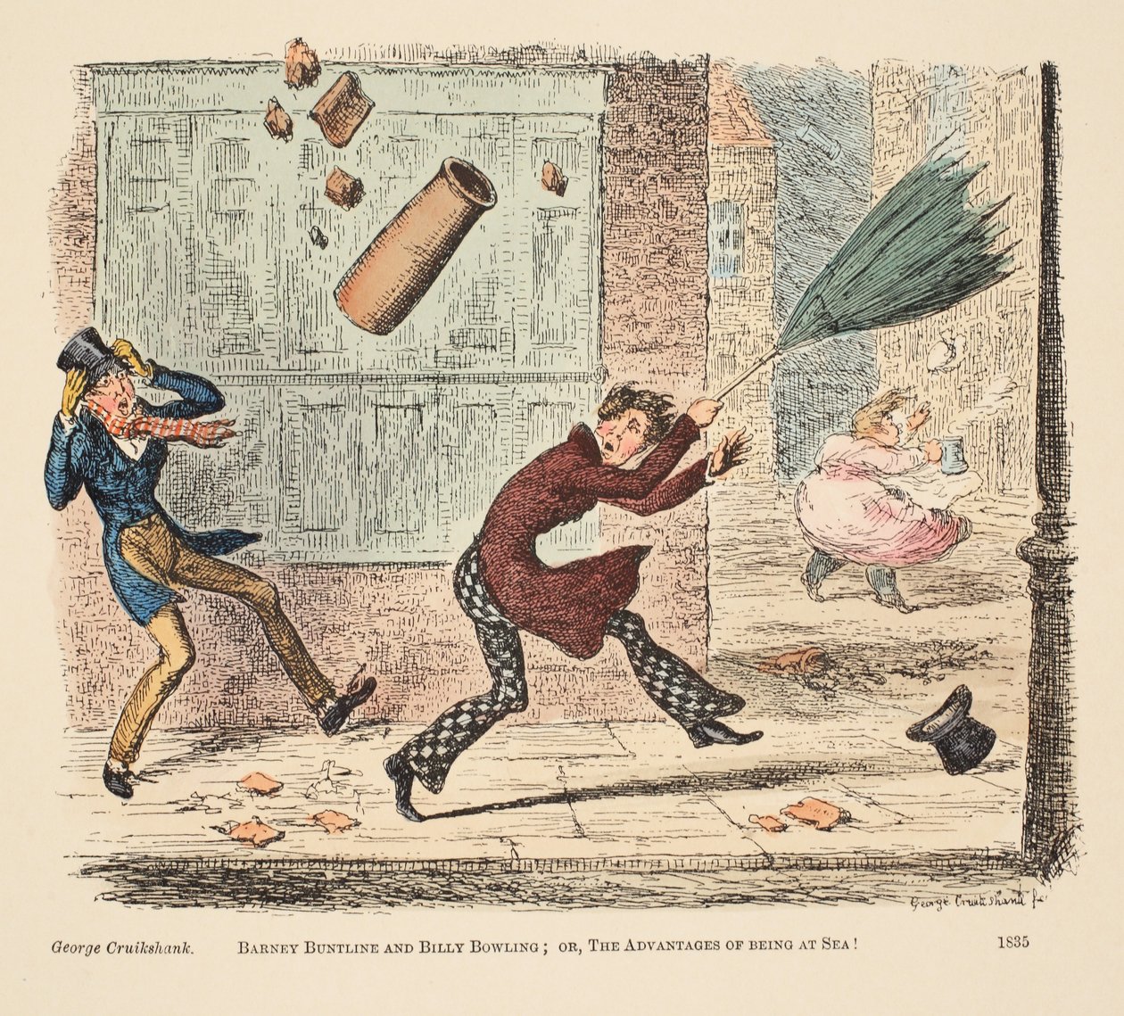 Barney Buntline och Billy Bowling; eller, The Advantages of Being at Sea, pub. 1835 (handfärgad gravyr) av English School