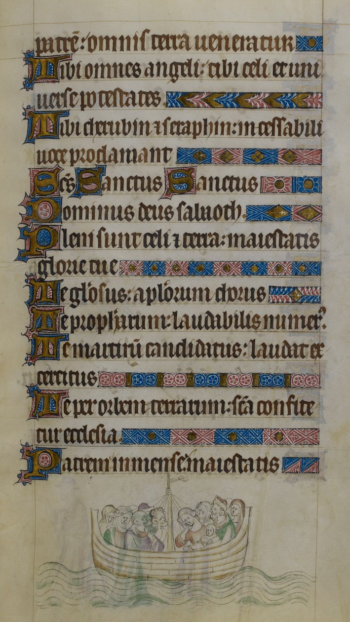 Bas-de-page scen som visar Thomas Becket och följeslagare som korsar kanalen i en båt när de reser i exil i Frankrike, illustration från 