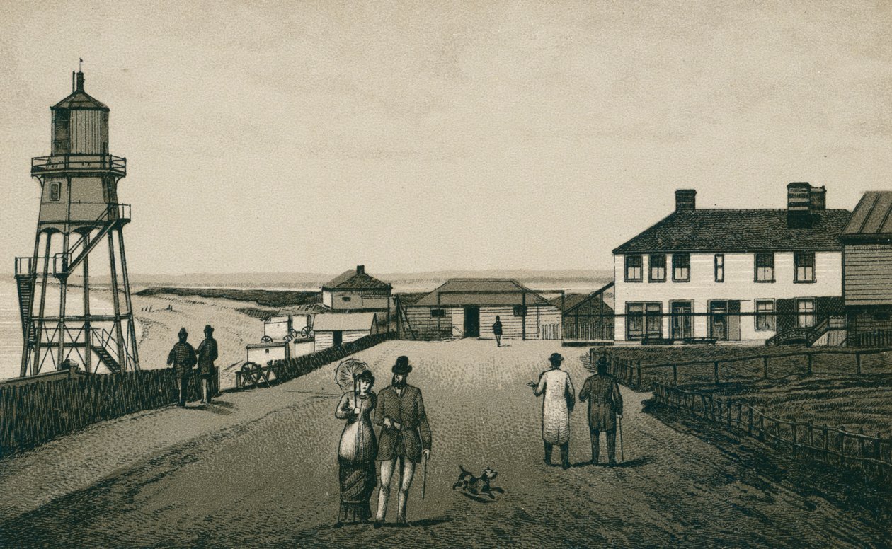 Badhus och sandstrand, Dovercourt (litografi) av English School